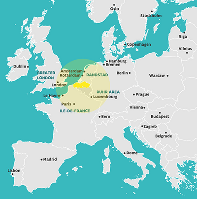 Map of Flanders in Europe: Over 60% of European Purchasing power is situated within a tight 500-kilometer radius around Flanders