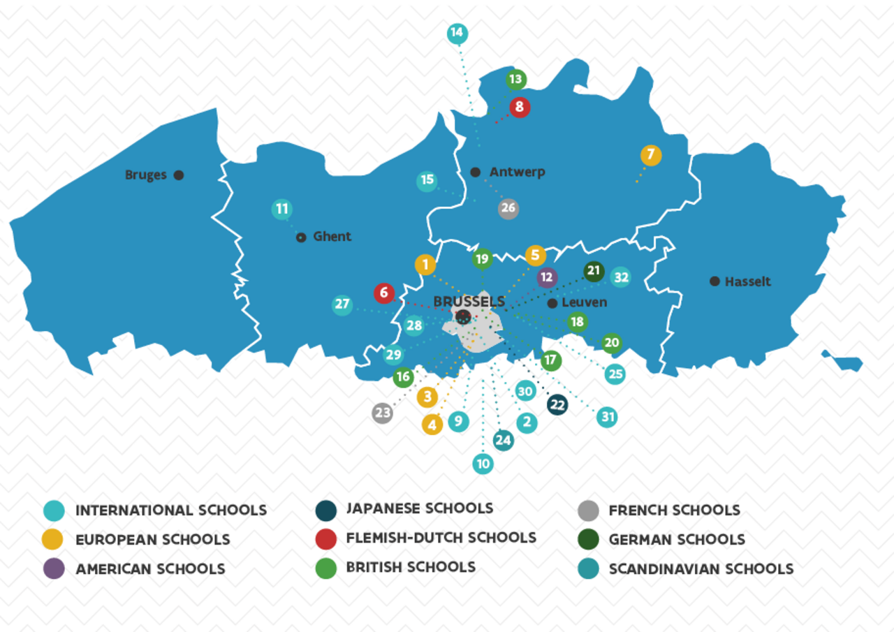 Map with international schools in (the vicinity) of Flanders